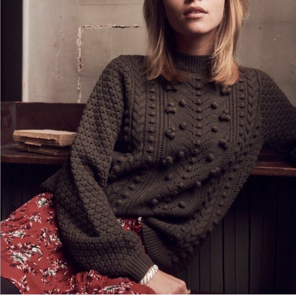 Sezane Olive Green Textured Crew Neck Sweater